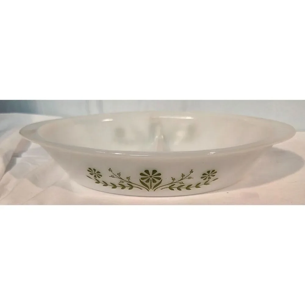 Vintage Glasbake Milk Glass Divided Casserole Dishes Green Floral Set of 2